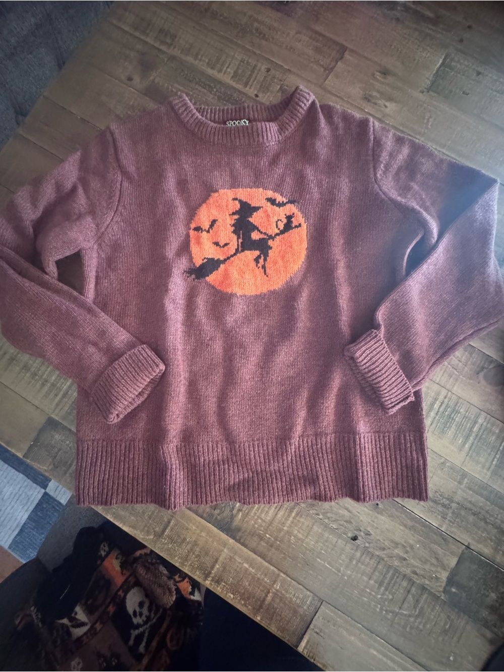 Kiel James Patrick Maroon Crewneck Sweater with Orange Witch Motif